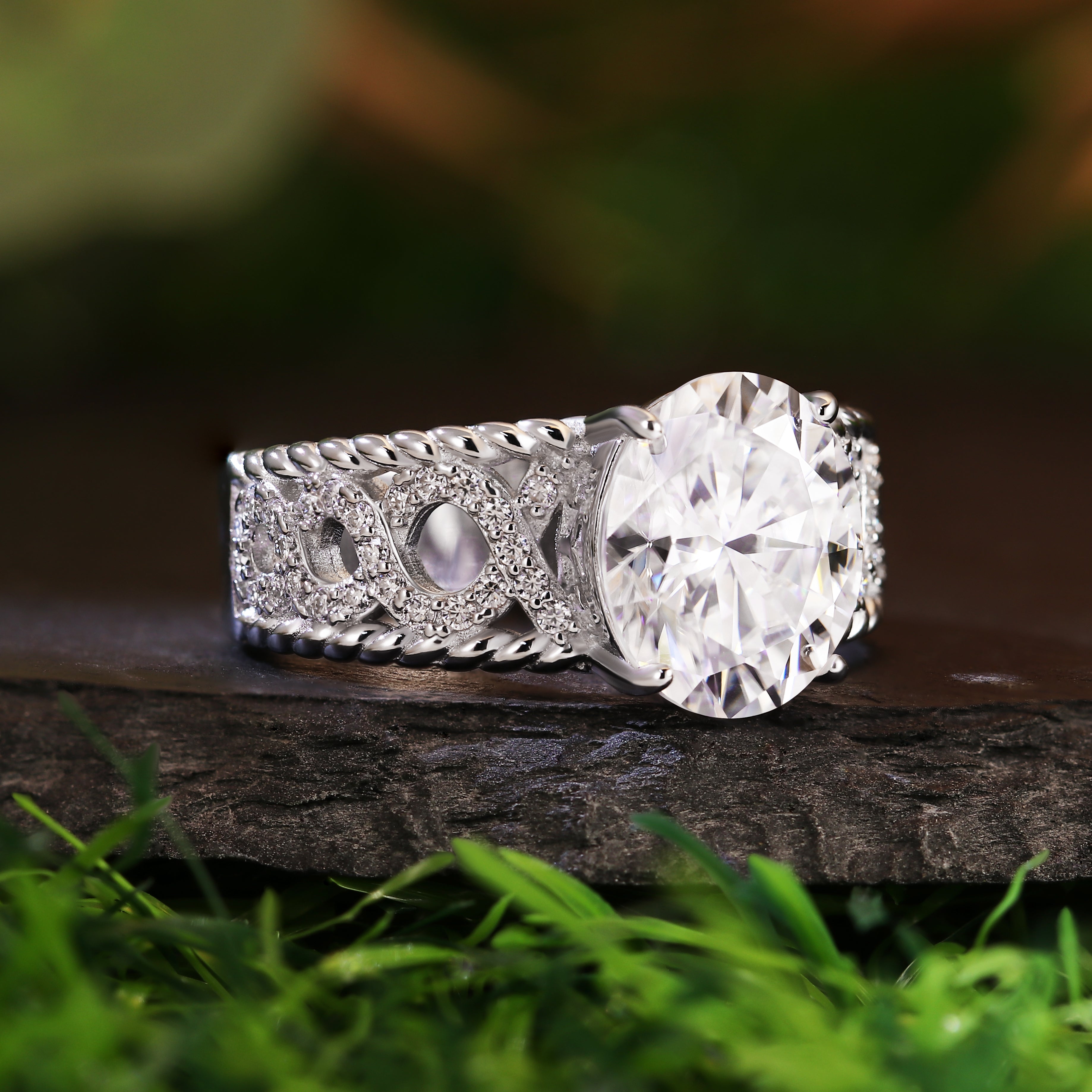 3.14CT Oval Cut Engagement Ring with Braided Infinity Band and Twisted Rope Edge, Vintage Inspired Statement Ring