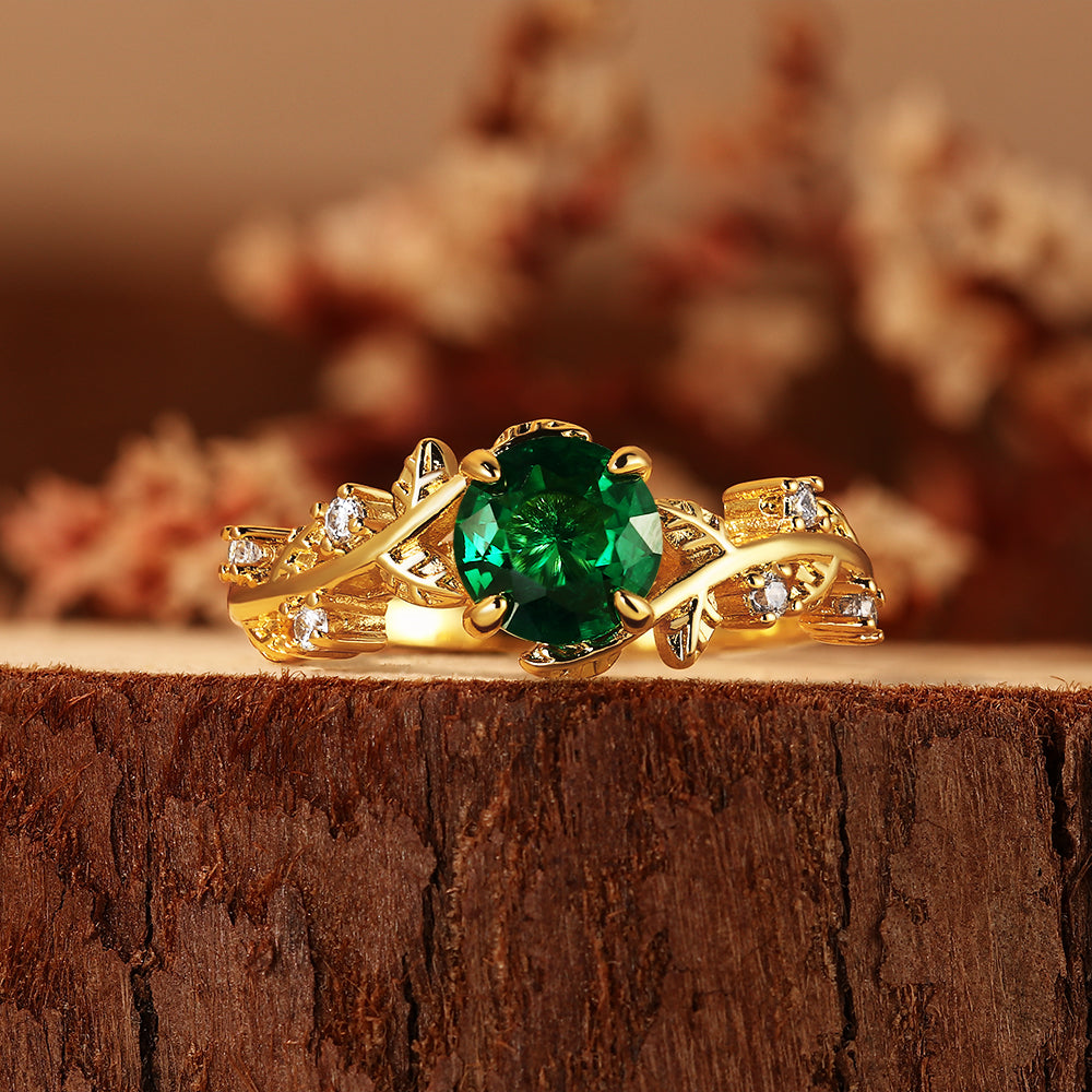 Nature Inspired Tree Branch 0.9CT Round Cut Lab Emerald Vine Leaf Engagement Ring