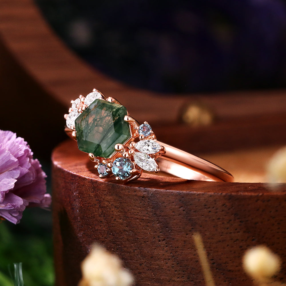 6*6 Hexagon Cut Moss Agate Vintage Unique Cluster Engagement Ring