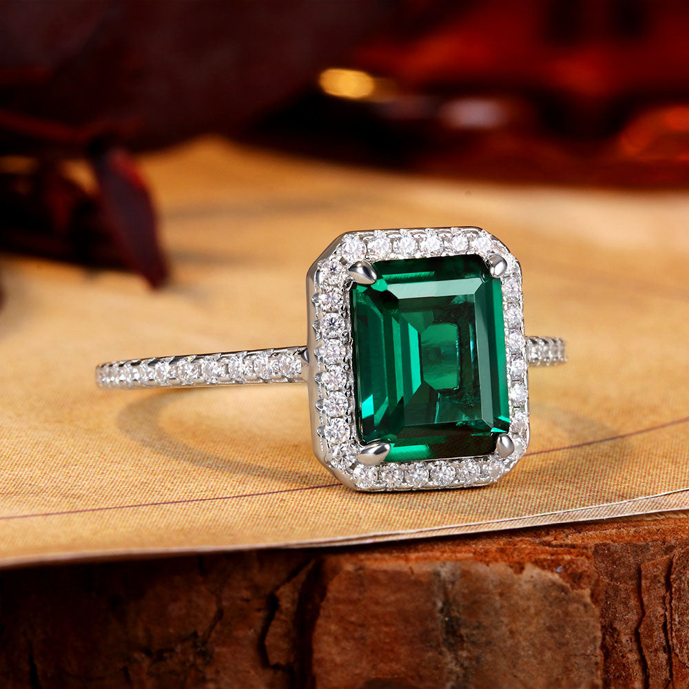 2.22 ct Emerald Cut Lab Emerald Halo Engagement Ring with Moissanite