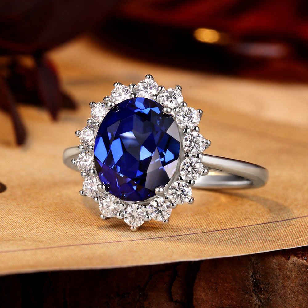 Oval Lab Sapphire Flower Inspired Design Cluster Engagement Ring with Moissanite
