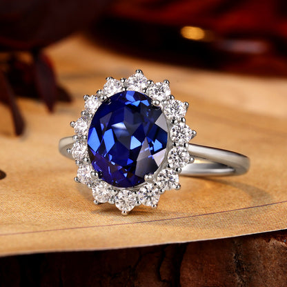 Oval Lab Sapphire Flower Inspired Design Cluster Engagement Ring with Moissanite