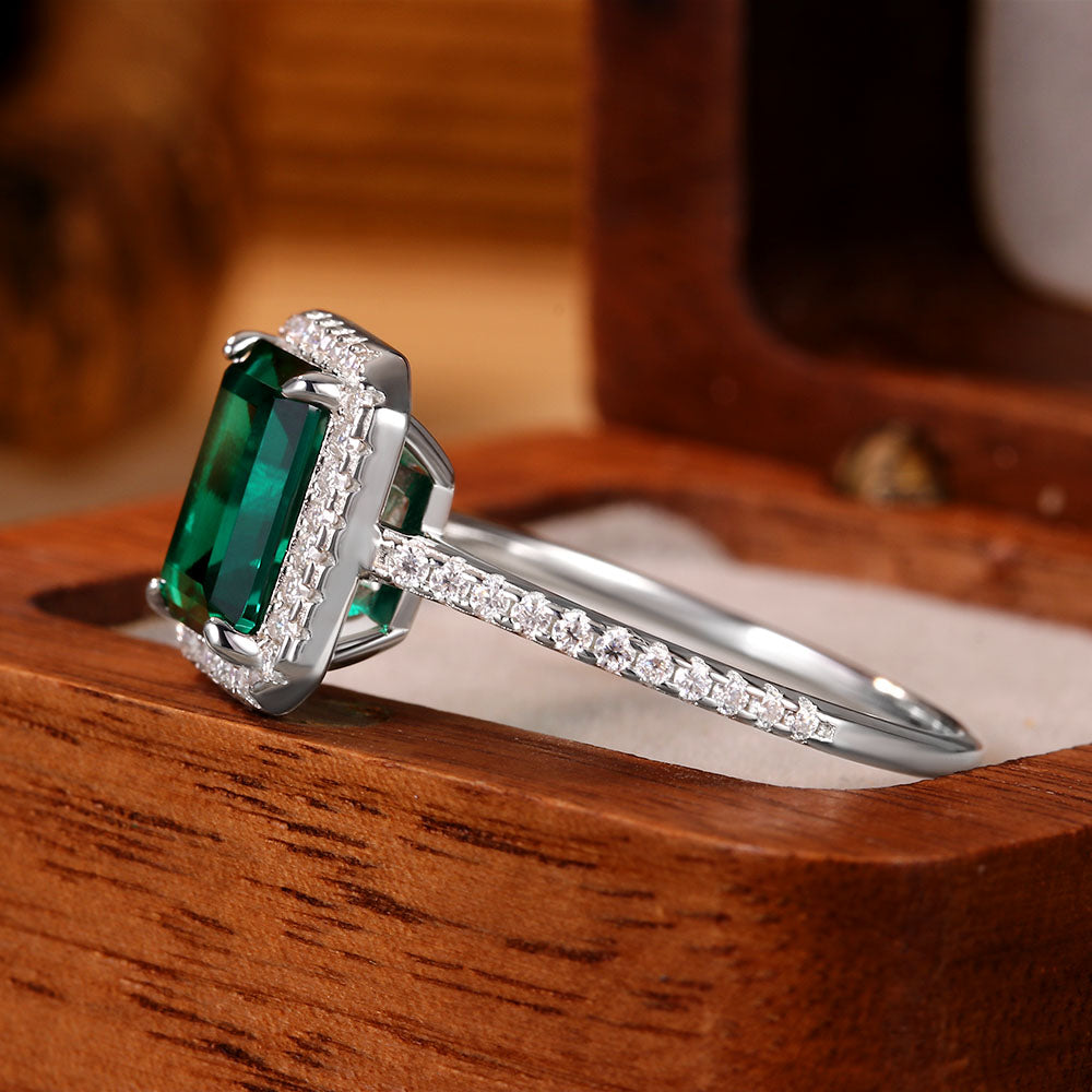 2.22 ct Emerald Cut Lab Emerald Halo Engagement Ring with Moissanite