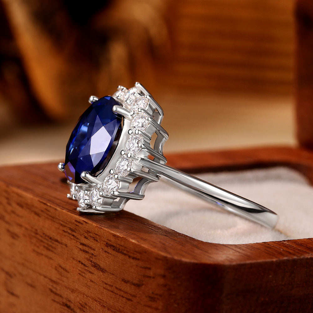 Oval Lab Sapphire Flower Inspired Design Cluster Engagement Ring with Moissanite