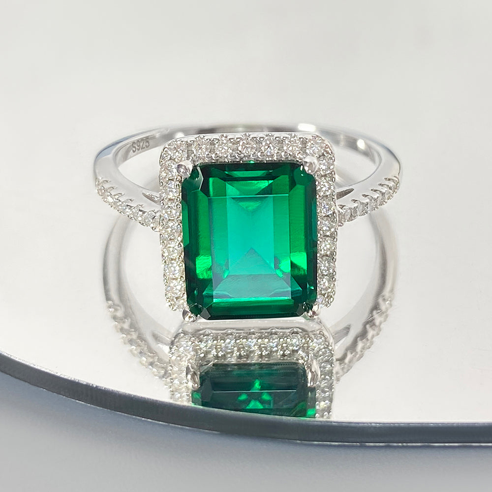 3.06 ct Emerald Cut Lab Emerald Halo Engagement Ring With Moissanite