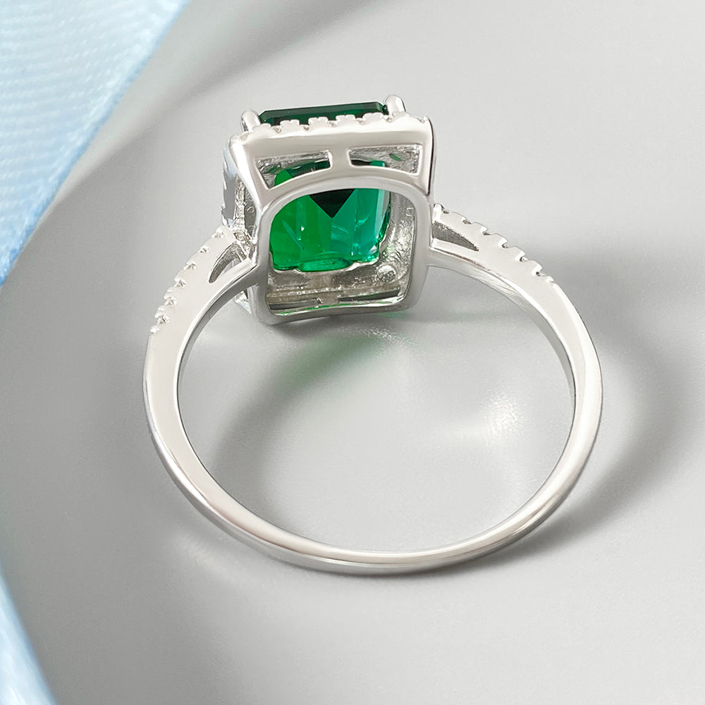 Emerald Cut Lab Emerald Halo Engagement Ring