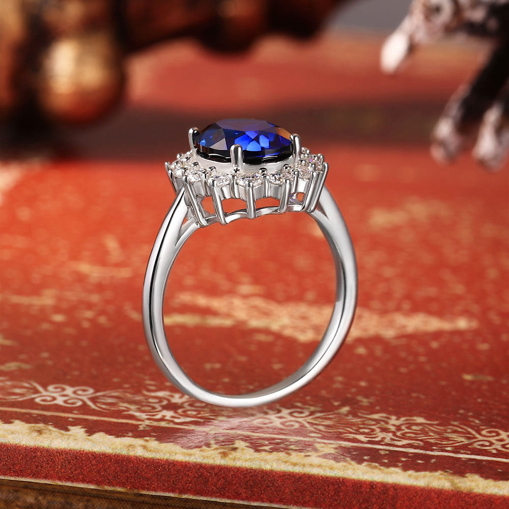 Oval Lab Sapphire Flower Inspired Design Cluster Engagement Ring with Moissanite