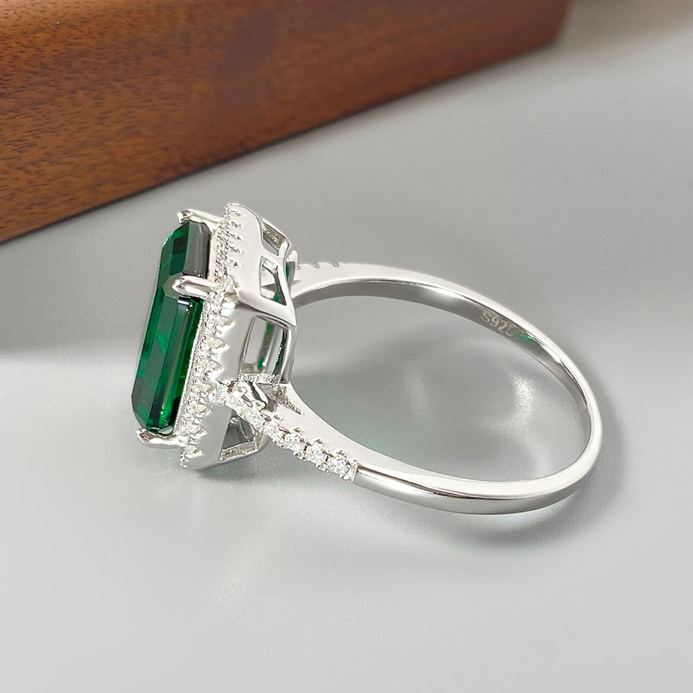 3.06 ct Emerald Cut Lab Emerald Halo Engagement Ring With Moissanite
