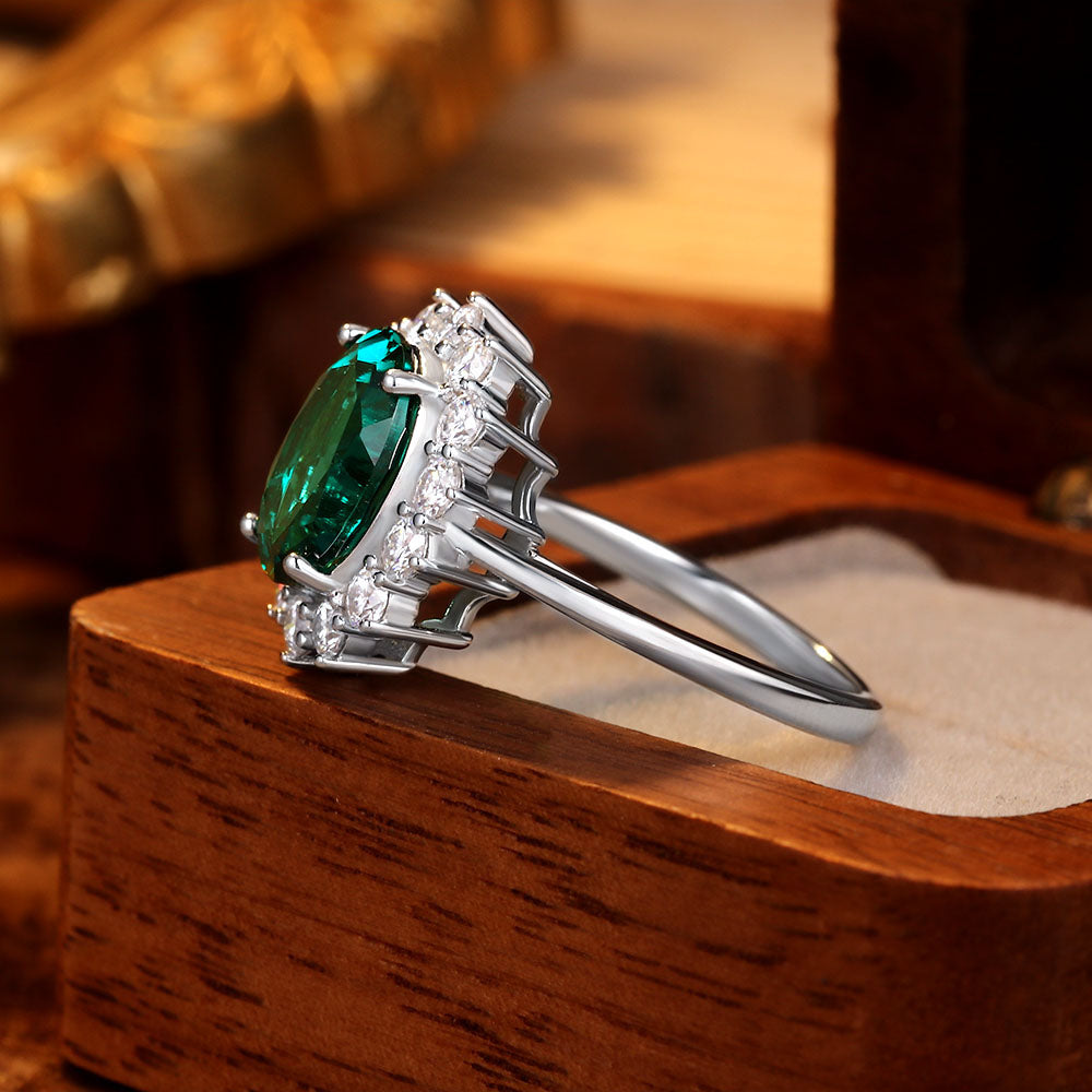 Oval Lab Emerald Cluster Engagement Ring