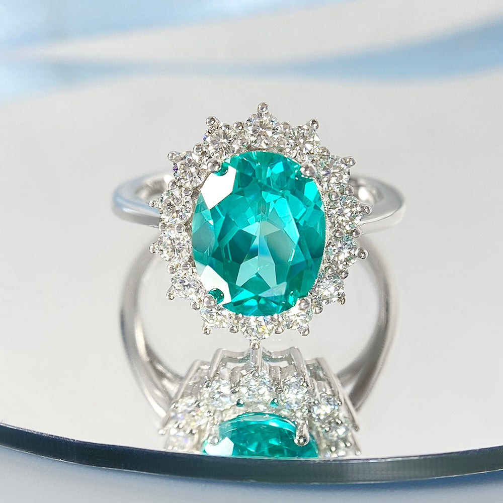 5.07 Carat Oval Lab Paraiba Flower Inspired Design Cluster Engagement Ring