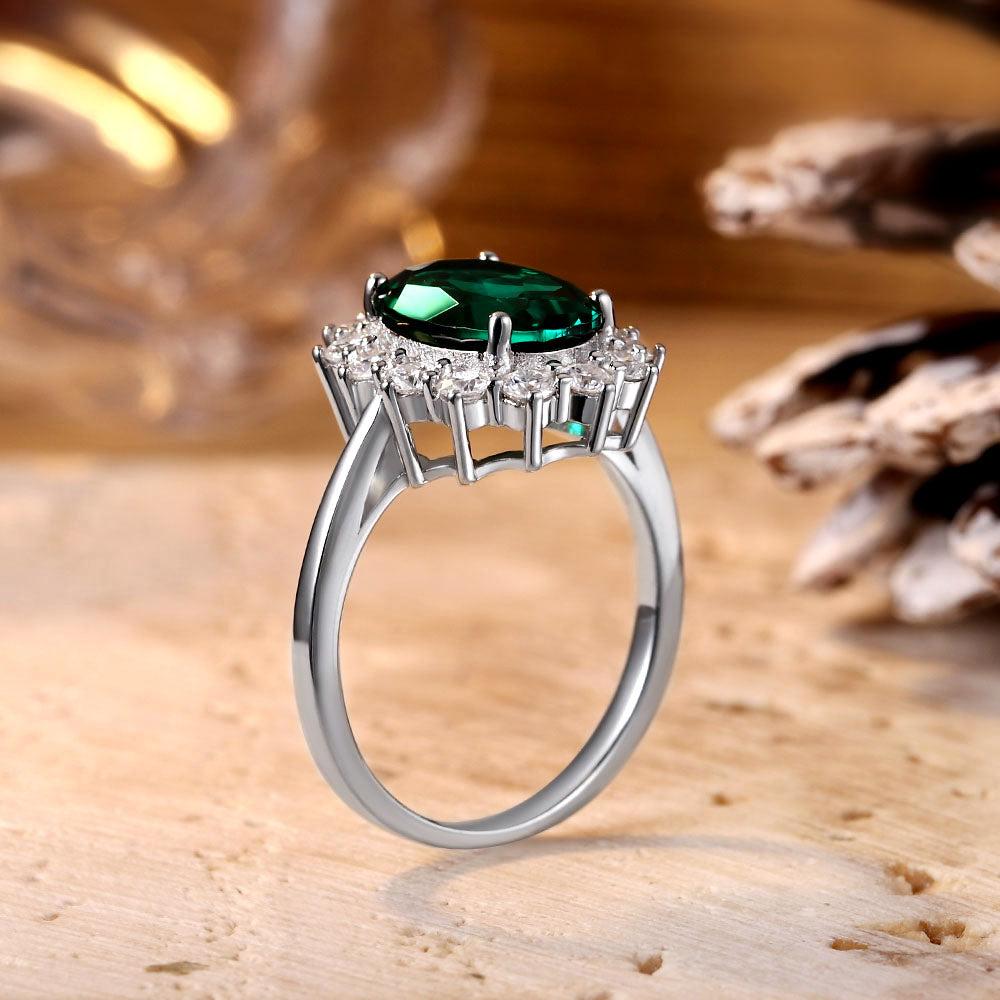 Oval Lab Emerald Cluster Engagement Ring