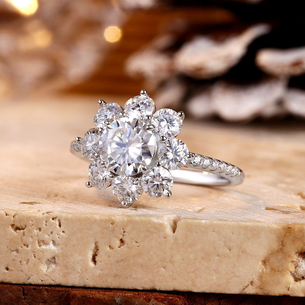 1 ct Round Moissanite Floral Cluster Engagement Ring