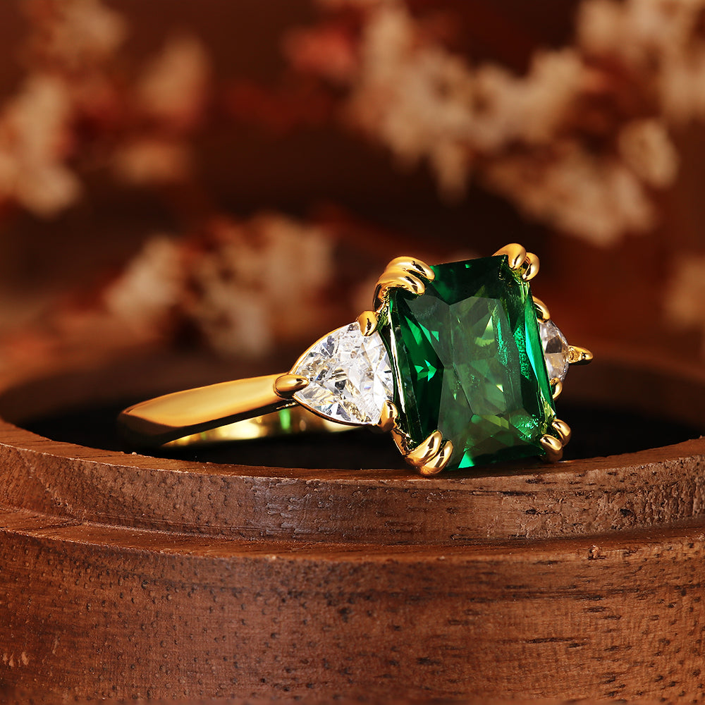 4.14CT Emerald Cut Lab Emerald Three Stone with Trillion Side Stones Ring