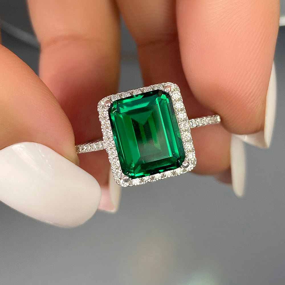3.06 ct Emerald Cut Lab Emerald Halo Engagement Ring With Moissanite