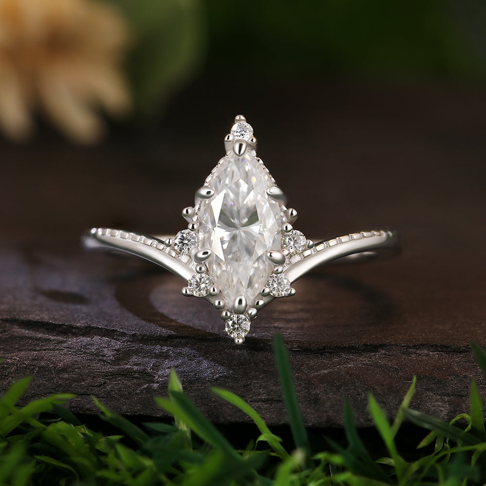 Vintage 1.09ct Marquise Cut Moissanite Retro Claw 6 Prong Engagement Ring