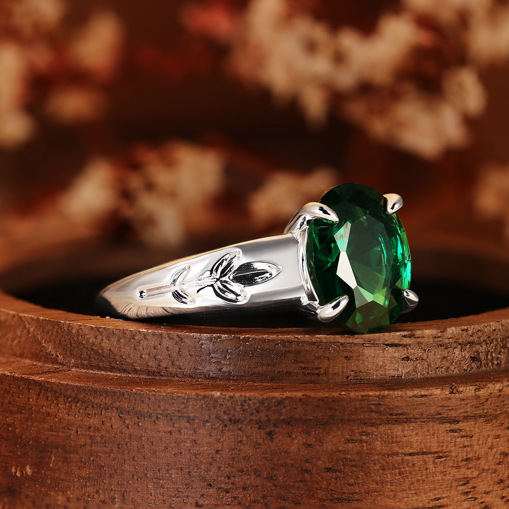 2.65CT Oval Cut Lab Nature Inspired Leaf Engraved Engagement Ring