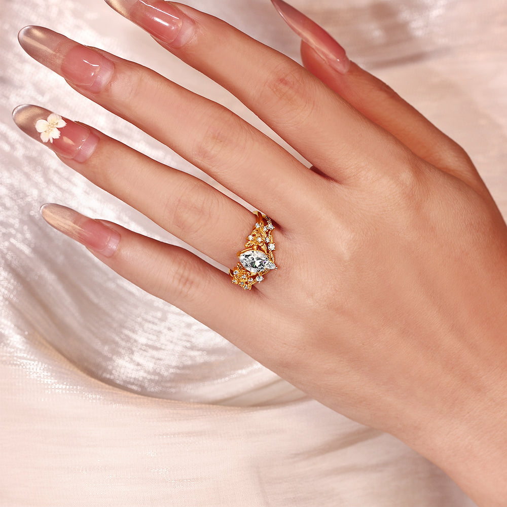 1.89ct Pear Moissanite Floral Bridal Ring Set, Nature Inspired Leaf Design