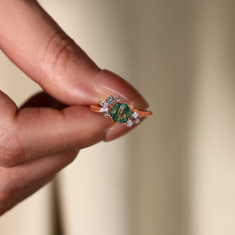 6*6 Hexagon Cut Moss Agate Vintage Unique Cluster Engagement Ring