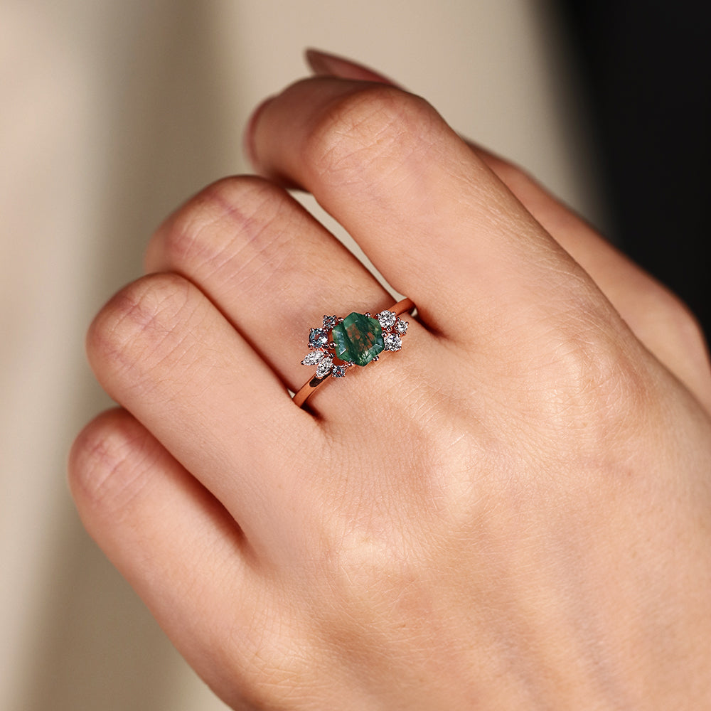 6*6 Hexagon Cut Moss Agate Vintage Unique Cluster Engagement Ring