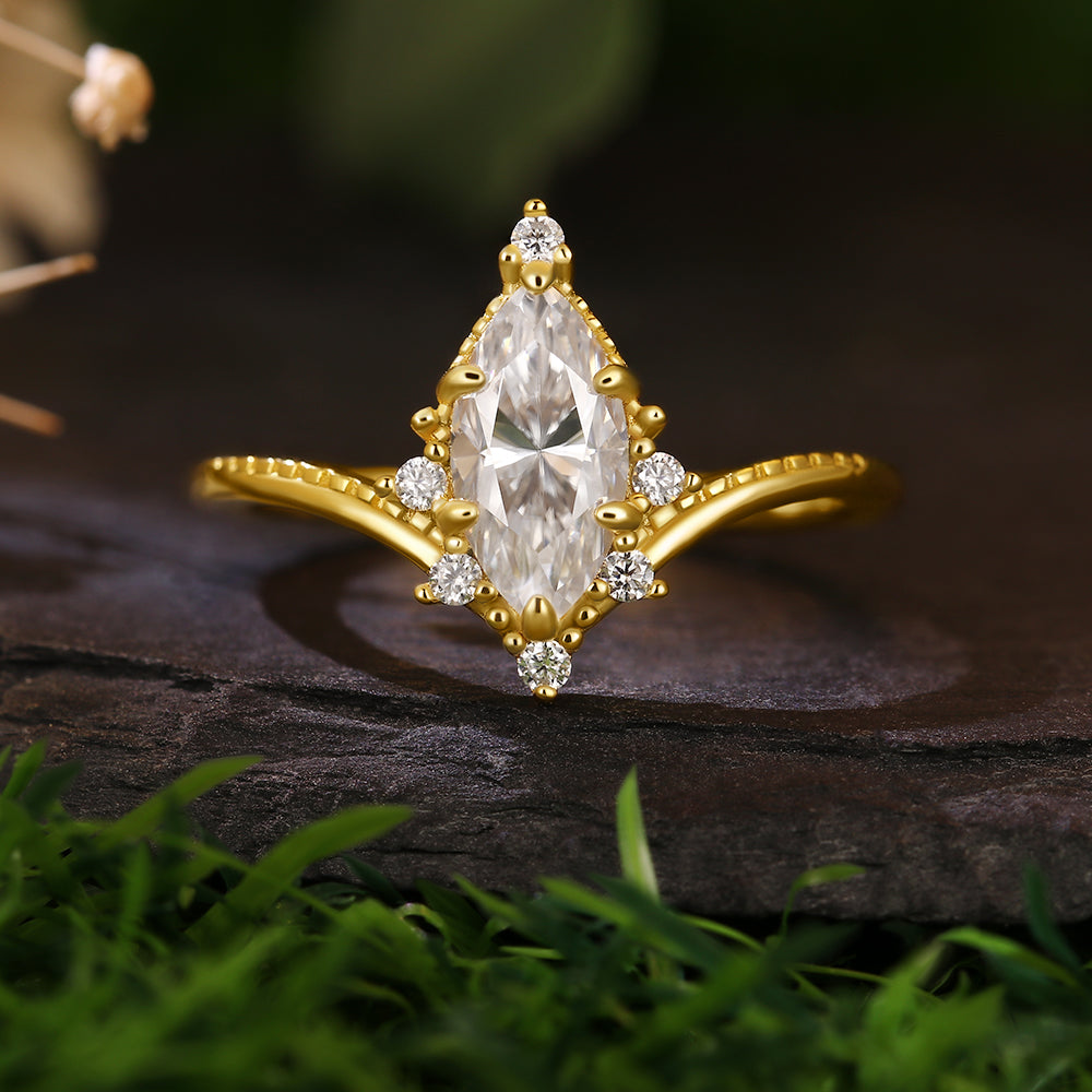 Vintage 1.09ct Marquise Cut Moissanite Retro Claw 6 Prong Engagement Ring