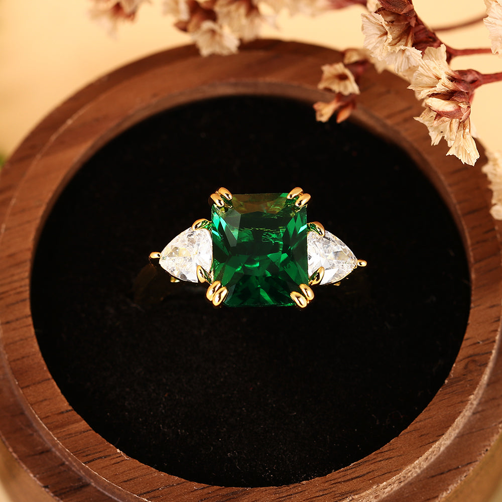 4.14CT Emerald Cut Lab Emerald Three Stone with Trillion Side Stones Ring