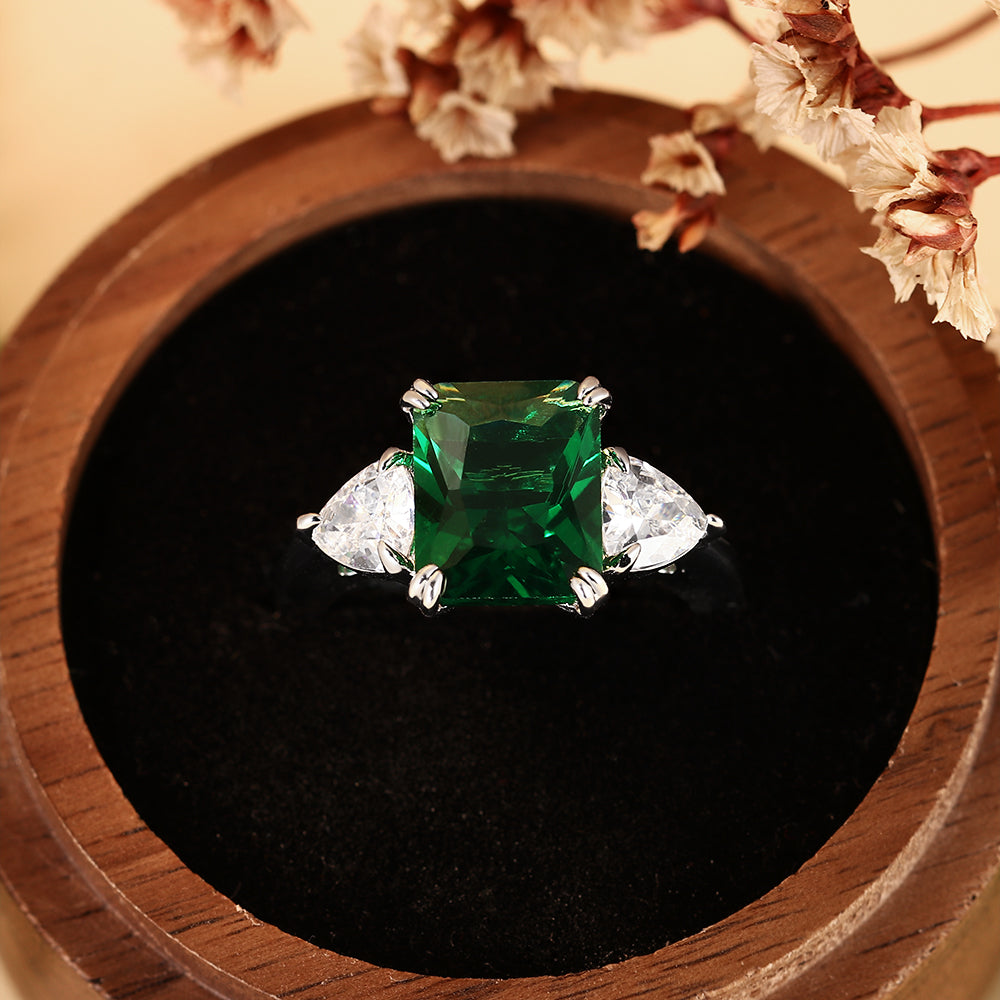4.14CT Emerald Cut Lab Emerald Three Stone with Trillion Side Stones Ring