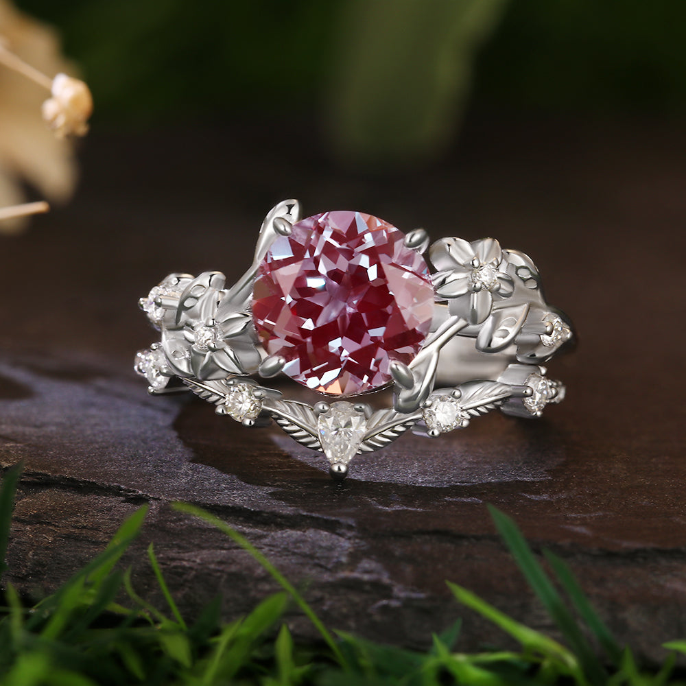 4.16Ct Round Cut Lab Alexandrite Flower Engagement Ring Curved Wedding Band Nature Vines Bridal Set