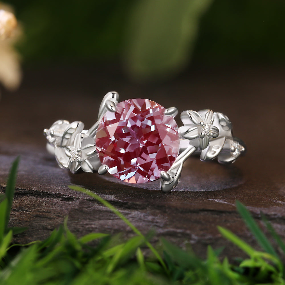 4.16Ct Round Cut Lab Alexandrite Flower Engagement Ring Curved Wedding Band Nature Vines Bridal Set