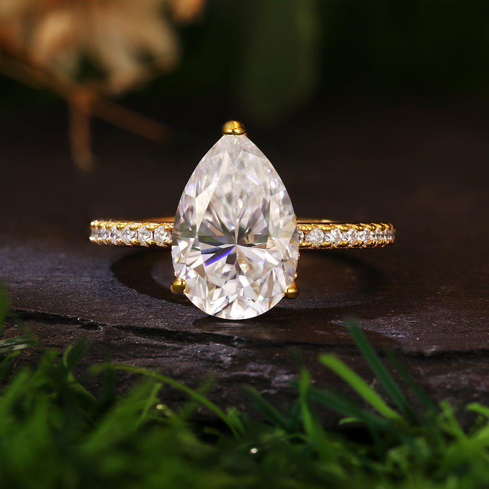 2.51 Ct Pear Cut Hidden Halo Engagement Ring with Pave Band