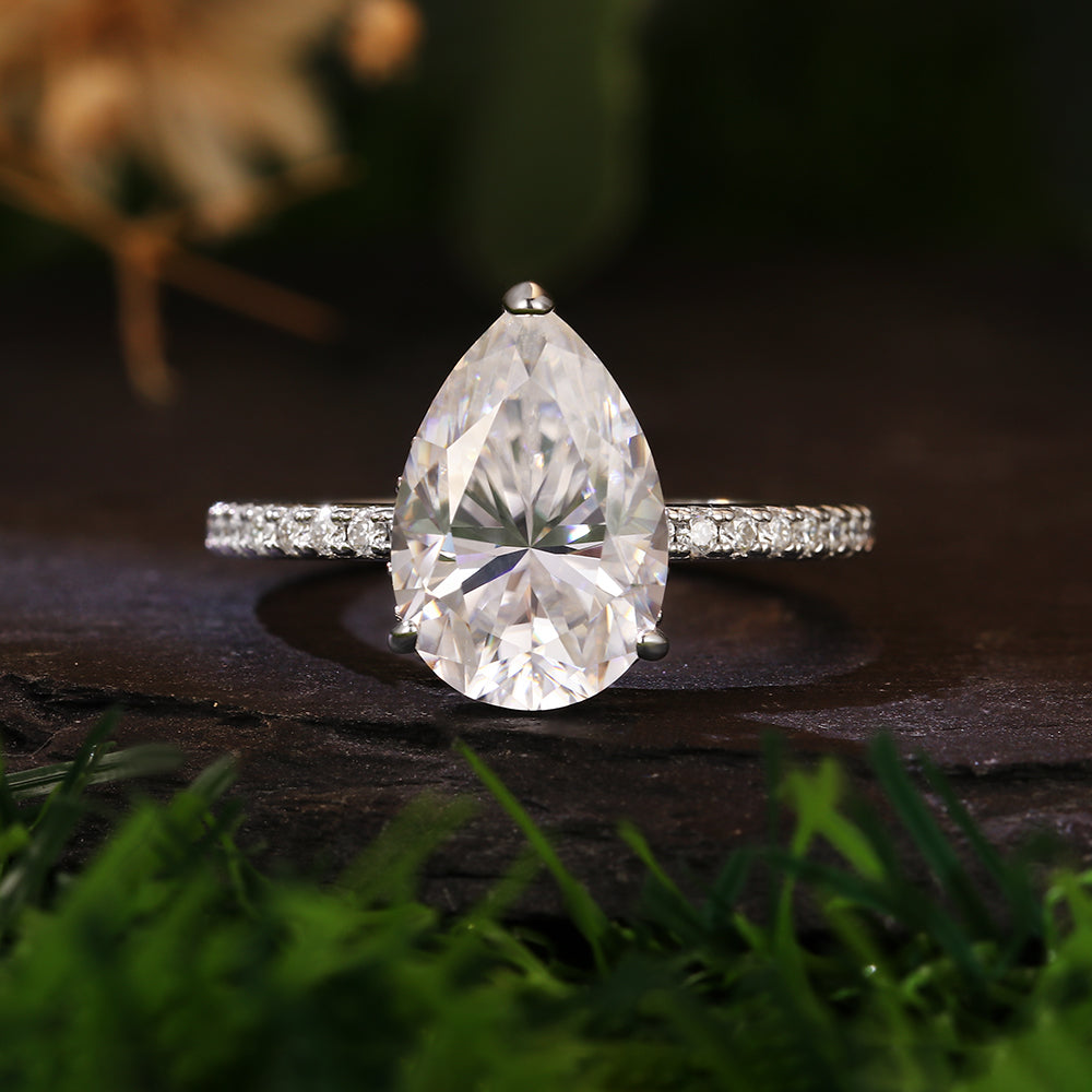 2.51 Ct Pear Cut Hidden Halo Engagement Ring with Pave Band