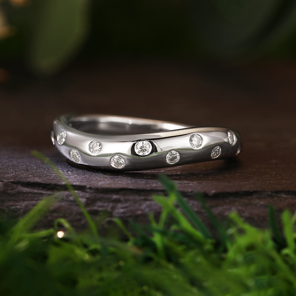 Contoured Wave Band with Round Cut Moissanite Accents Modern Elegant Engagement Band