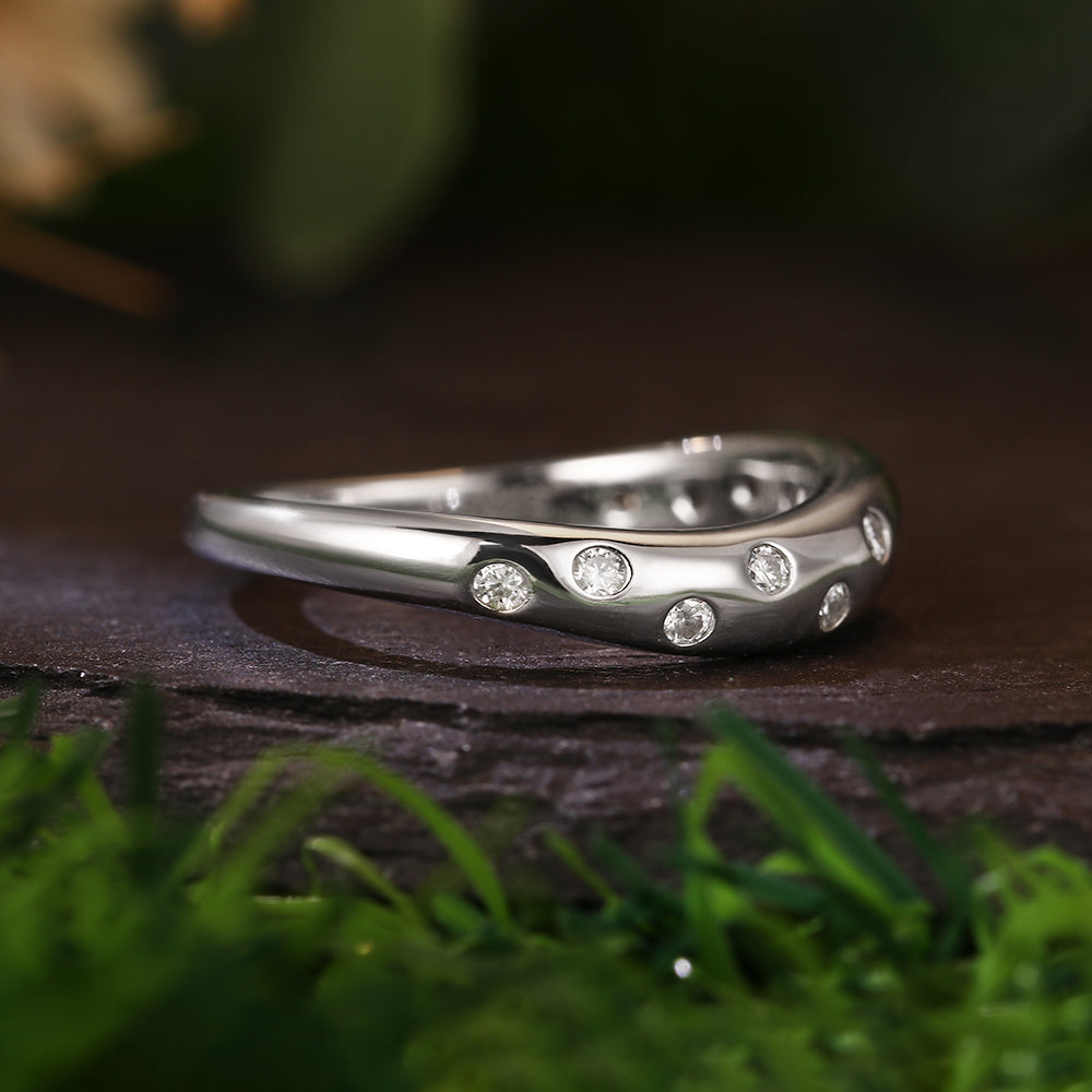 Contoured Wave Band with Round Cut Moissanite Accents Modern Elegant Engagement Band