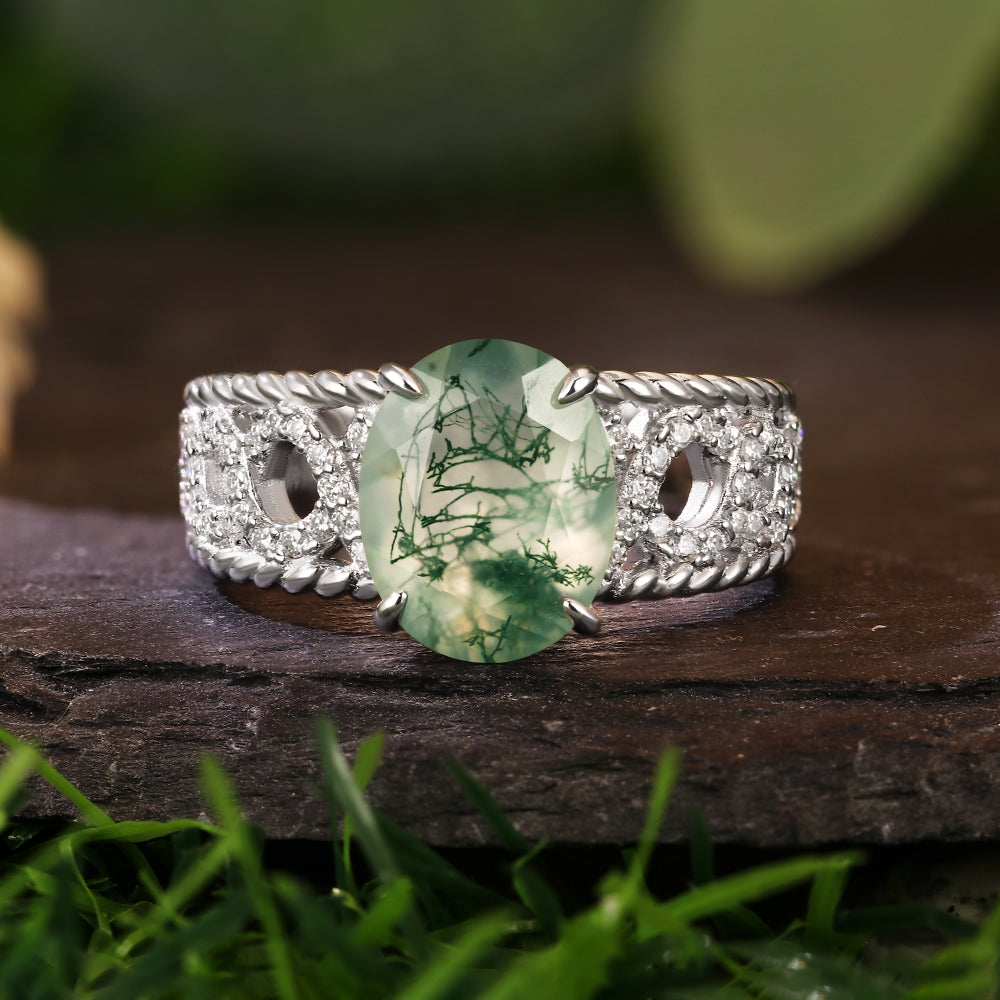 8x10mm Oval Cut Moss Agate Art Deco Nature-Inspired Engagement Ring