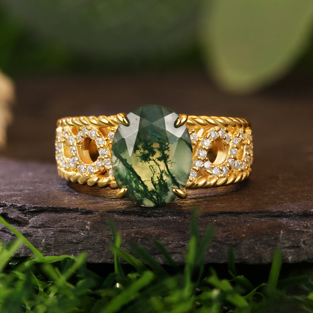 8x10mm Oval Cut Moss Agate Art Deco Nature-Inspired Engagement Ring