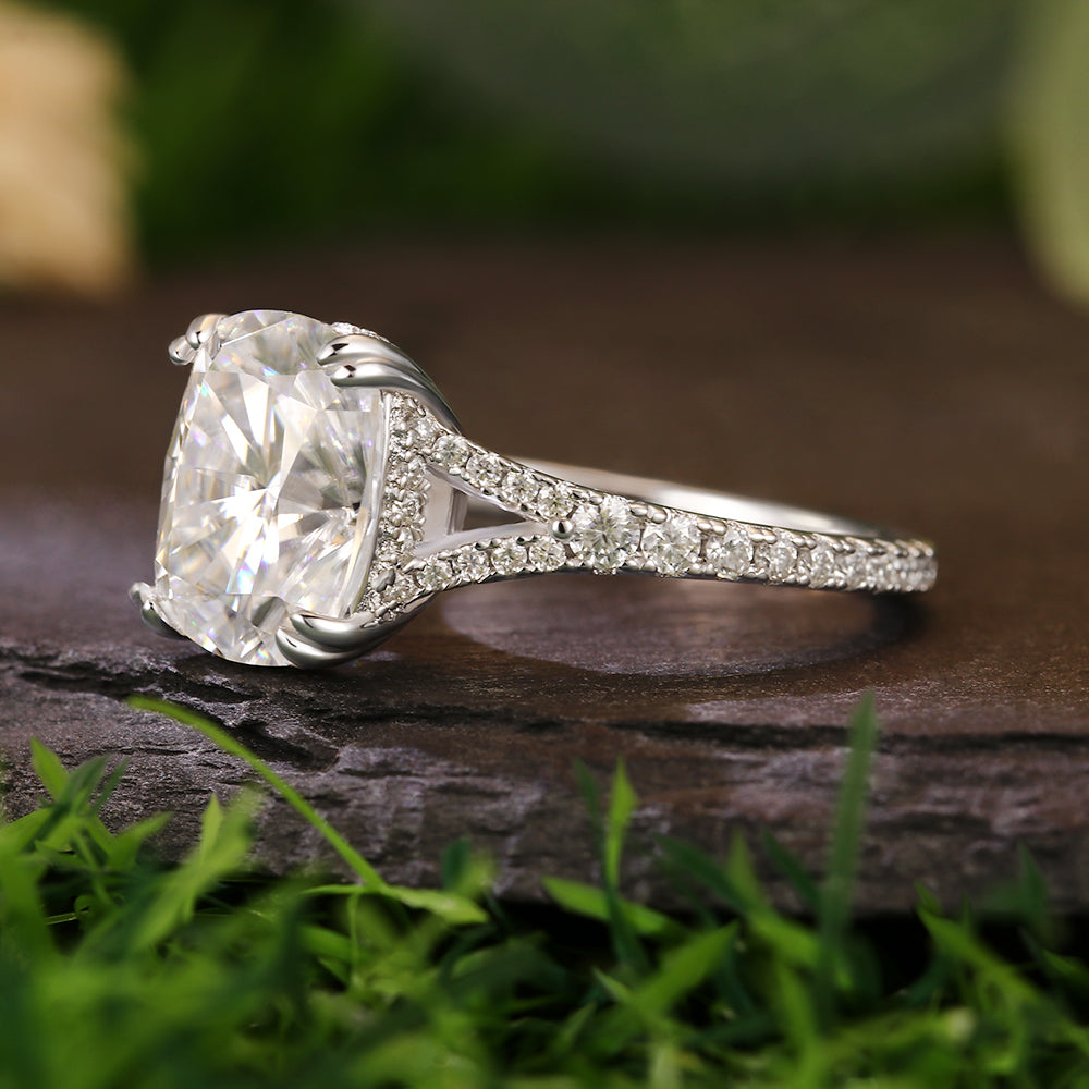 3.1Ct Cushion Cut Moissanite Pavé Accents Hidden Halo Modern Luxury Engagement Ring