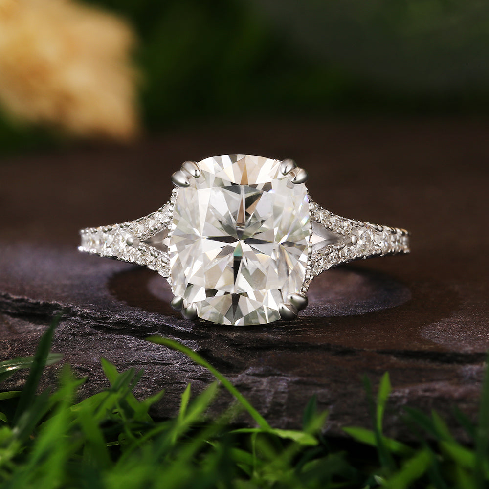 3.1Ct Cushion Cut Moissanite Pavé Accents Hidden Halo Modern Luxury Engagement Ring
