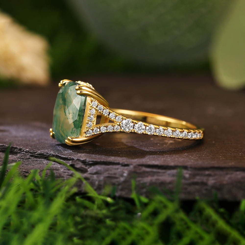 8x10mm Cushion Cut Moss Agate Pavé Accents Hidden Halo Nature-Inspired Engagement Ring