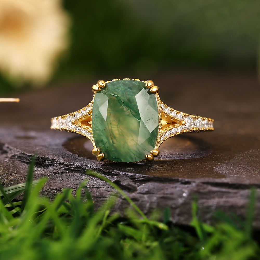 8x10mm Cushion Cut Moss Agate Pavé Accents Hidden Halo Nature-Inspired Engagement Ring