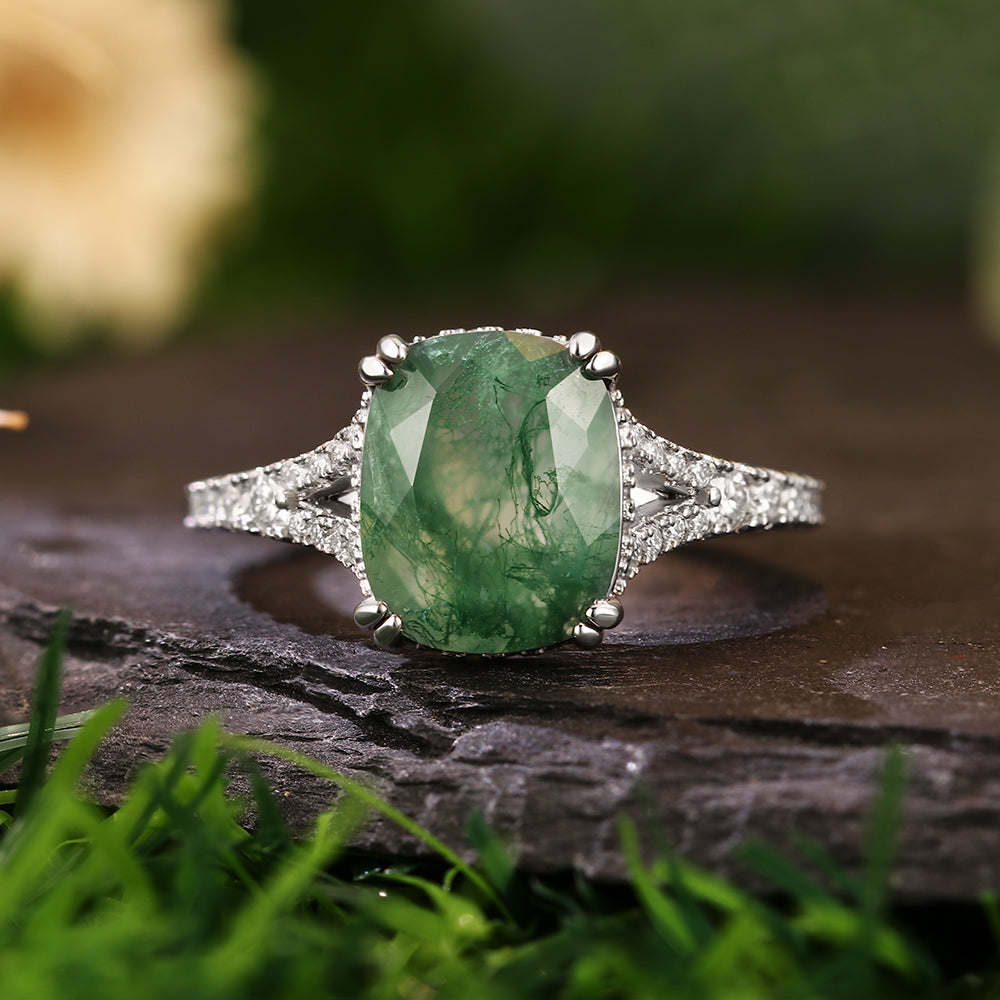 8x10mm Cushion Cut Moss Agate Pavé Accents Hidden Halo Nature-Inspired Engagement Ring