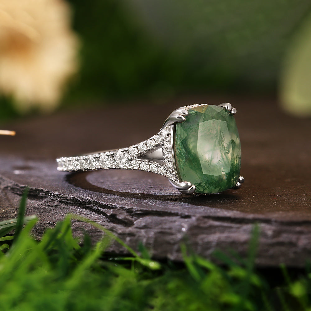 8x10mm Cushion Cut Moss Agate Pavé Accents Hidden Halo Nature-Inspired Engagement Ring