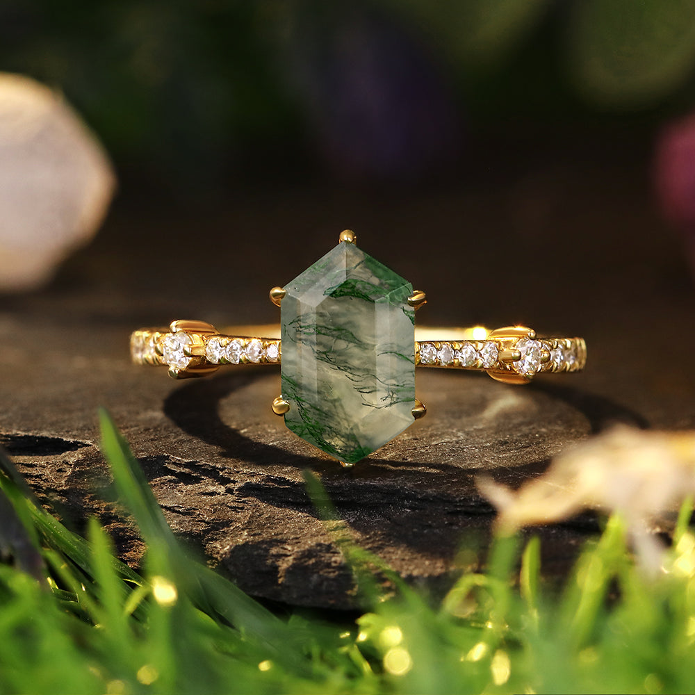6x10mm Hexagon Cut Moss Agate Vintage Minimalist Engagement Ring