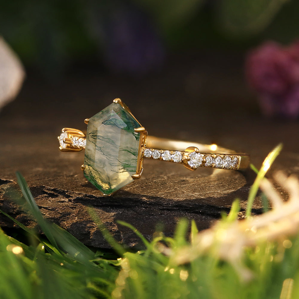 6x10mm Hexagon Cut Moss Agate Vintage Minimalist Engagement Ring
