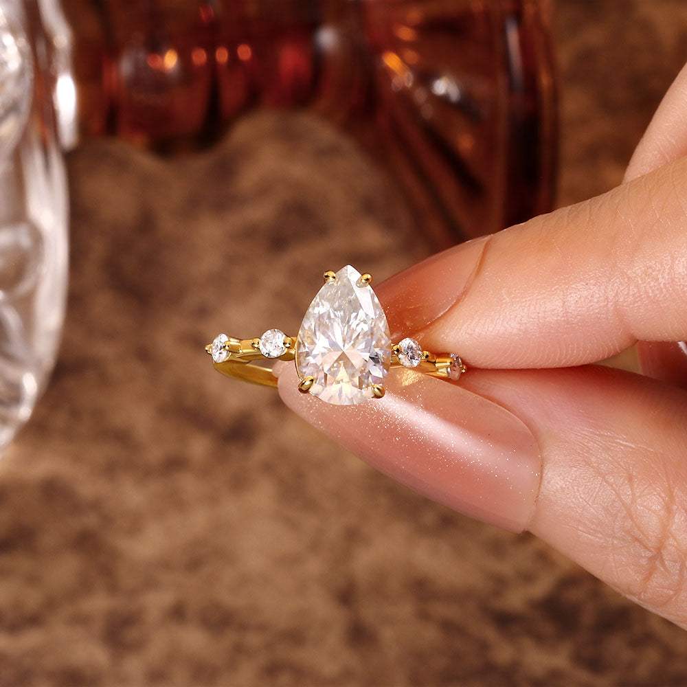 Pear Cut Unique Distance Pave Set Moissanite Engagement Ring