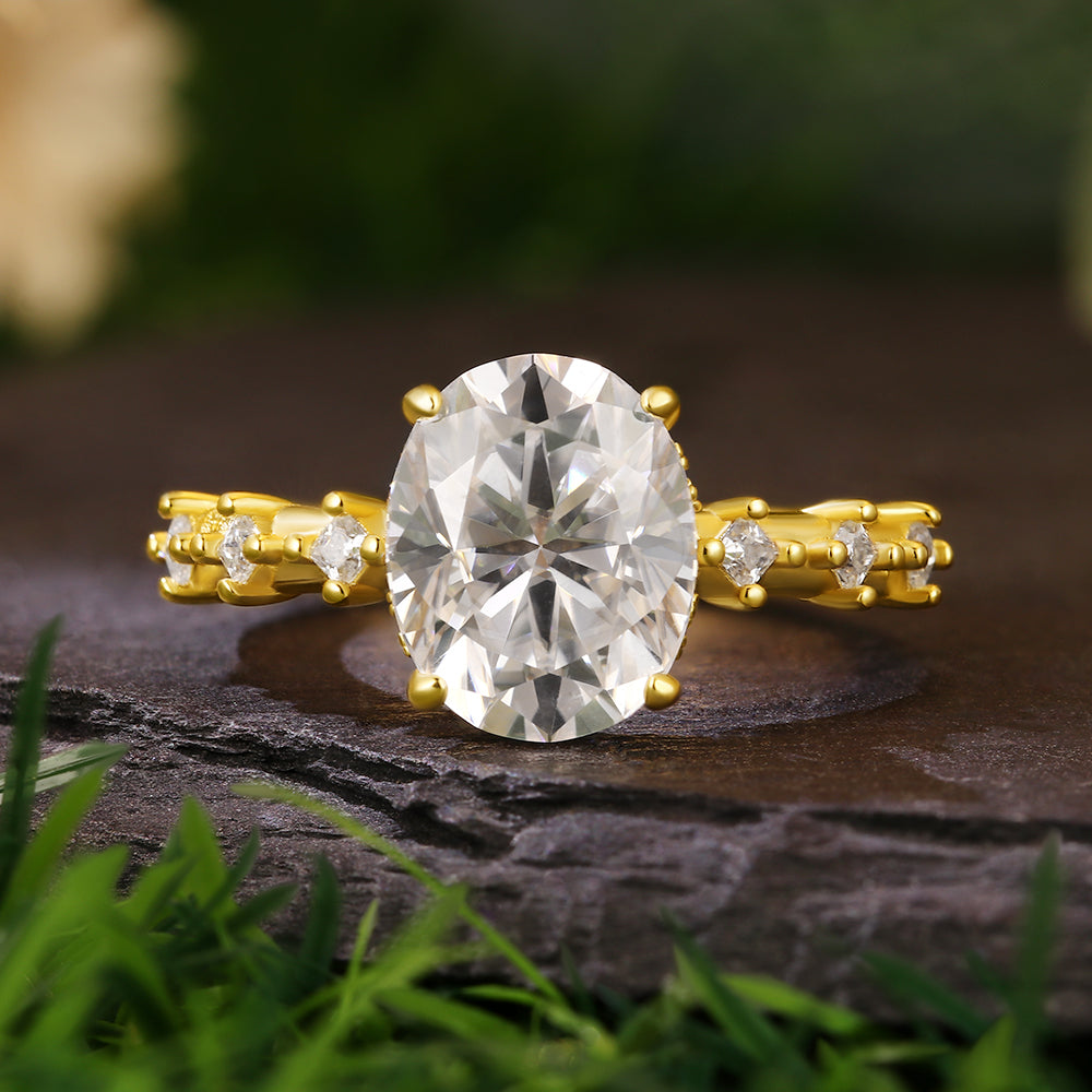 2.8 Ct Oval Cut Moissanite Hidden Halo with Princess Cut Moissanite Accents Vintage-Inspired Engagement Ring