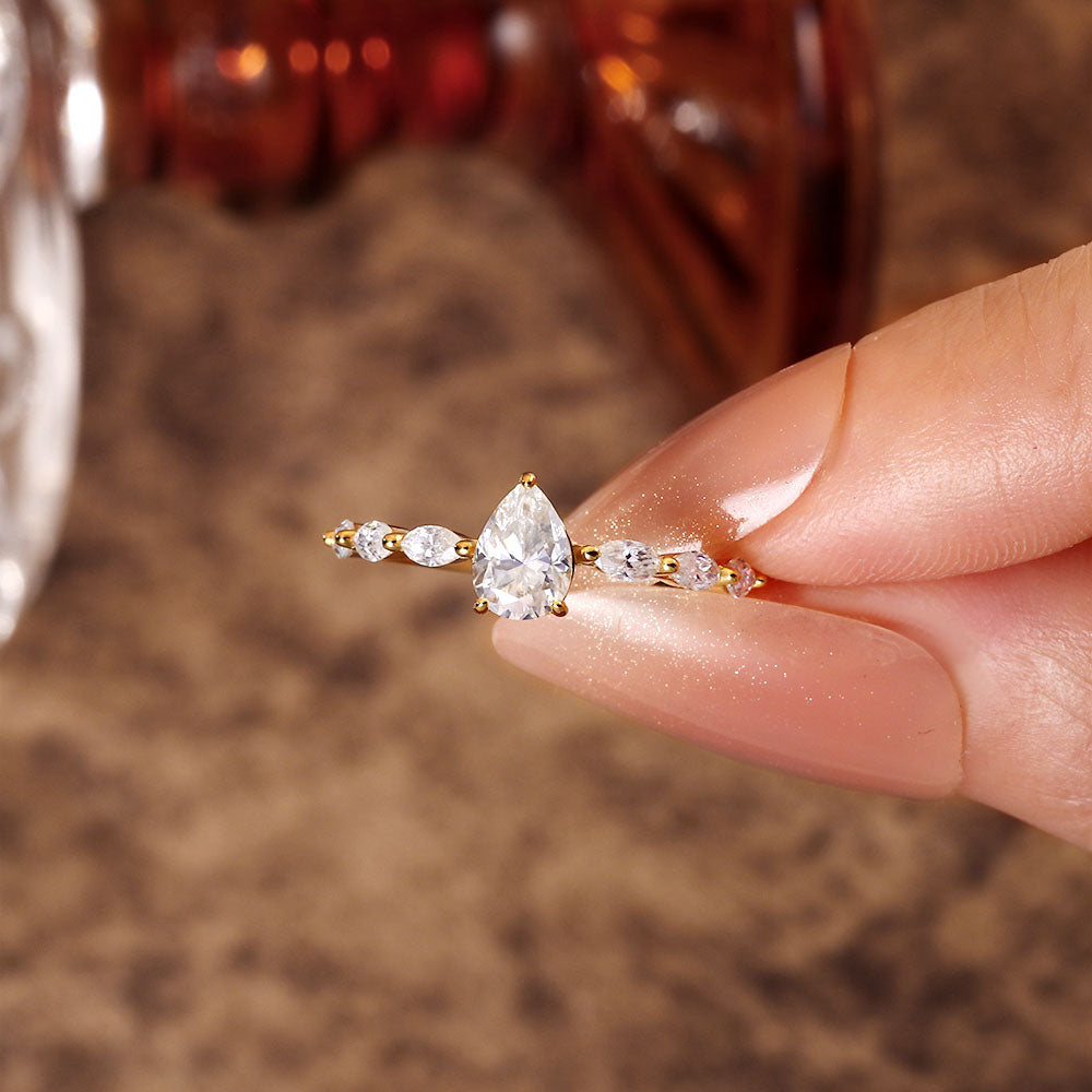 Pear Moissanite Engagement Ring With Marquise Moissanite
