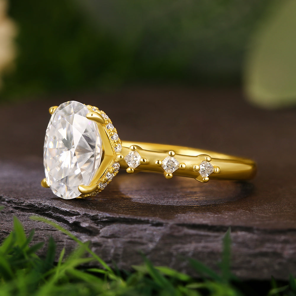 2.8 Ct Oval Cut Moissanite Hidden Halo with Princess Cut Moissanite Accents Vintage-Inspired Engagement Ring