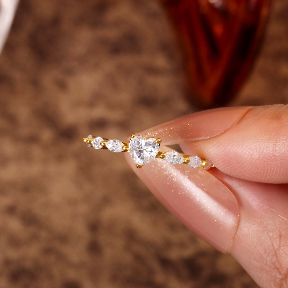 Heart Moissanite Engagement Ring With Marquise Moissanite