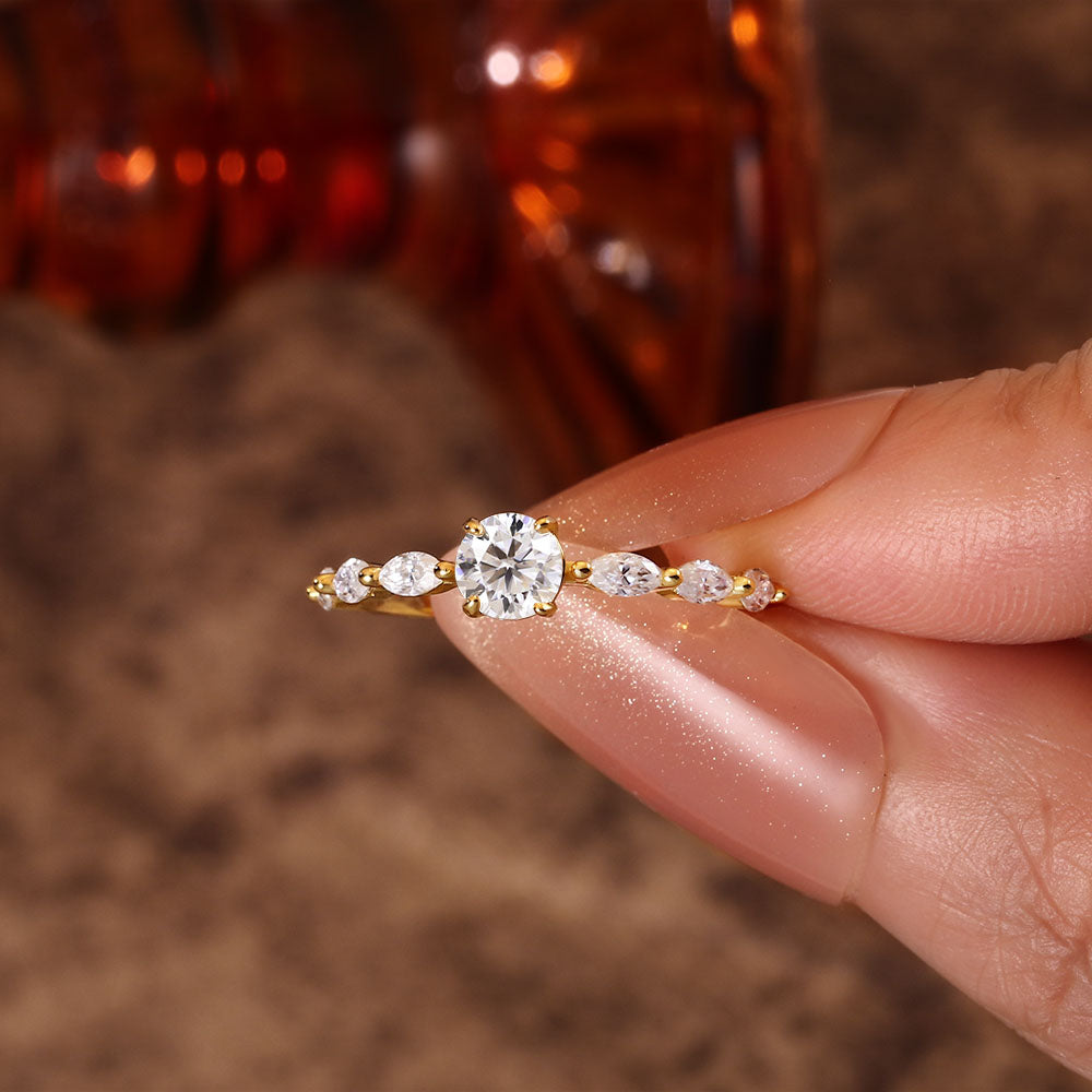 Round Moissanite Engagement Ring With Marquise Moissanite