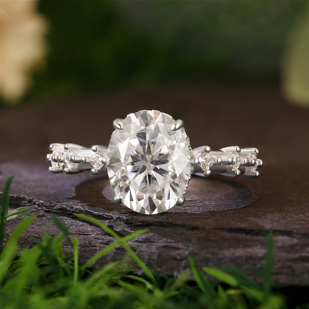 2.8 Ct Oval Cut Moissanite Hidden Halo with Princess Cut Moissanite Accents Vintage-Inspired Engagement Ring