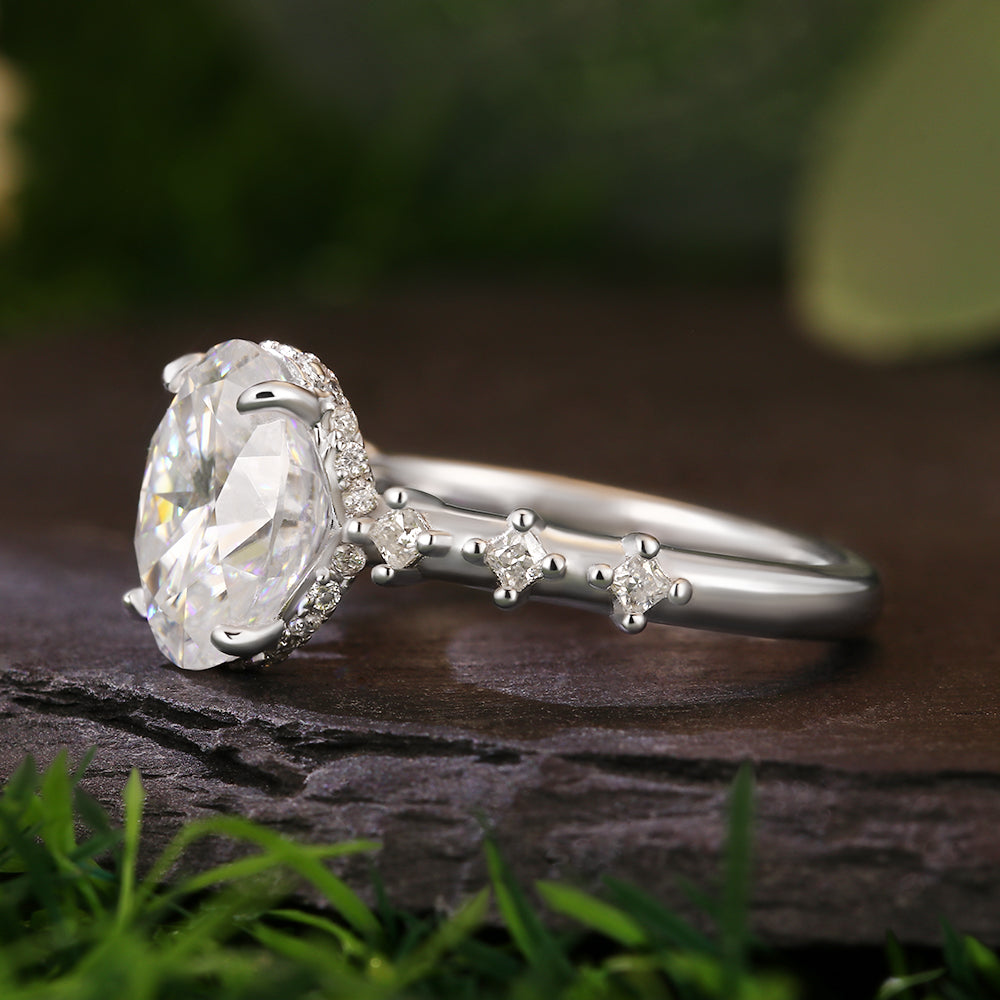 2.8 Ct Oval Cut Moissanite Hidden Halo with Princess Cut Moissanite Accents Vintage-Inspired Engagement Ring